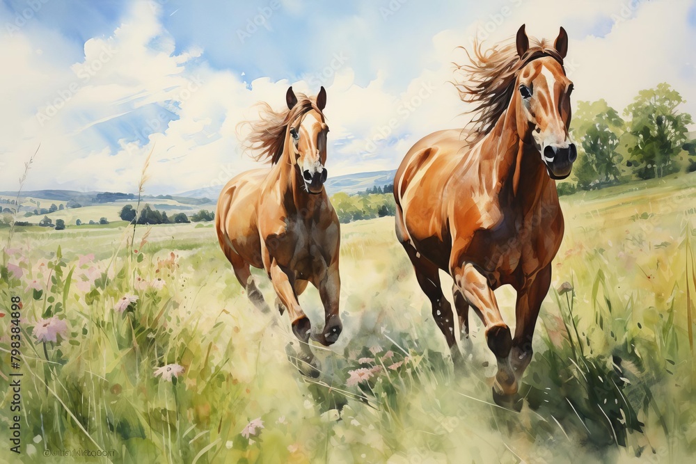 Two horses running through a grassy field on a sunny day Two horses running through a grassy field on a sunny day