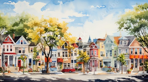 A watercolor painting of a street with colorful houses and trees.