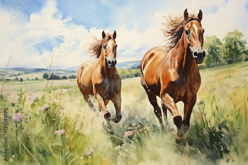 Two horses running through a grassy field on a sunny day