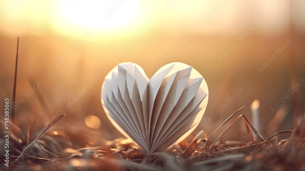 Paper heart sculpture in sunset light. Creative outdoor photography with a romantic and love concept. Design for greeting card, banner, wedding invitation. Golden hour shot with bokeh background. Paper heart sculpture in sunset light. Creative outdoor photography with a romantic and love concept. Design for greeting card, banner, wedding invitation. Golden hour shot with bokeh background.