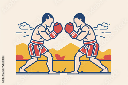 Illustration in flat linear style, Two boxers boxing, Generative Ai