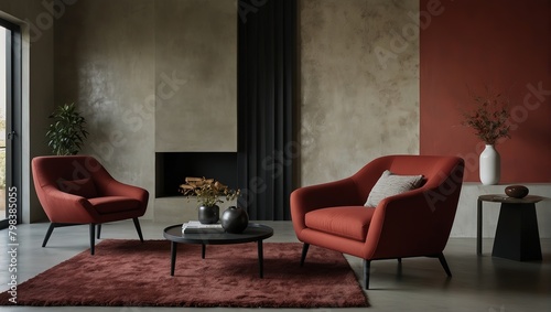 .dark red snuggle chair creating a focal point of a modern style living room , stucco wall adds texture and visual interest to the space, the room fostering a relaxed yet fresh and modern atmosphere © lal khan