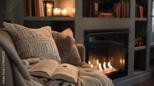 A cozy reading nook is enhanced by a seethrough fireplace making it the ideal spot to curl up with a book and enjoy the warmth. 2d flat cartoon. photo