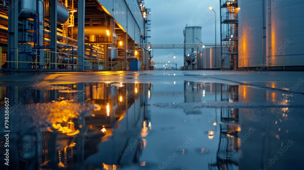 Wide shot of an industrial facility with reflective surfaces after rain.
