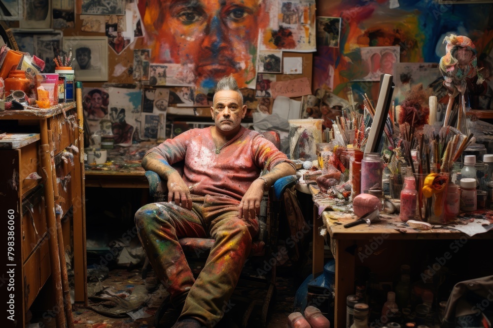 A Vision of Creative Chaos: An Intimate Portrait of an Artist Surrounded by the Vibrant Disarray of Their Bustling Art Studio