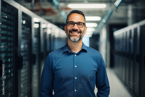 A Vision of Modern Efficiency: A Smiling IT Professional Standing Confidently in Front of a Vast Array of Blinking Server Racks in a High-Tech Data Center