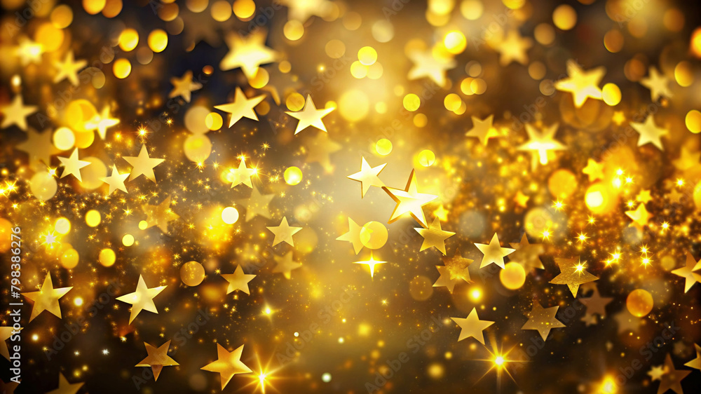 A backdrop of shimmering golden star shapes and sparkling glitter evoking a festive mood.