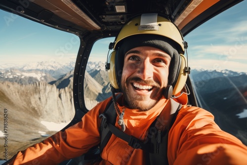 A Thrilling Glimpse of Adventure: Close-Up Portrait of a Smiling Enthusiast with a Scenic Helicopter Tour Soaring Over Majestic Mountains in the Background