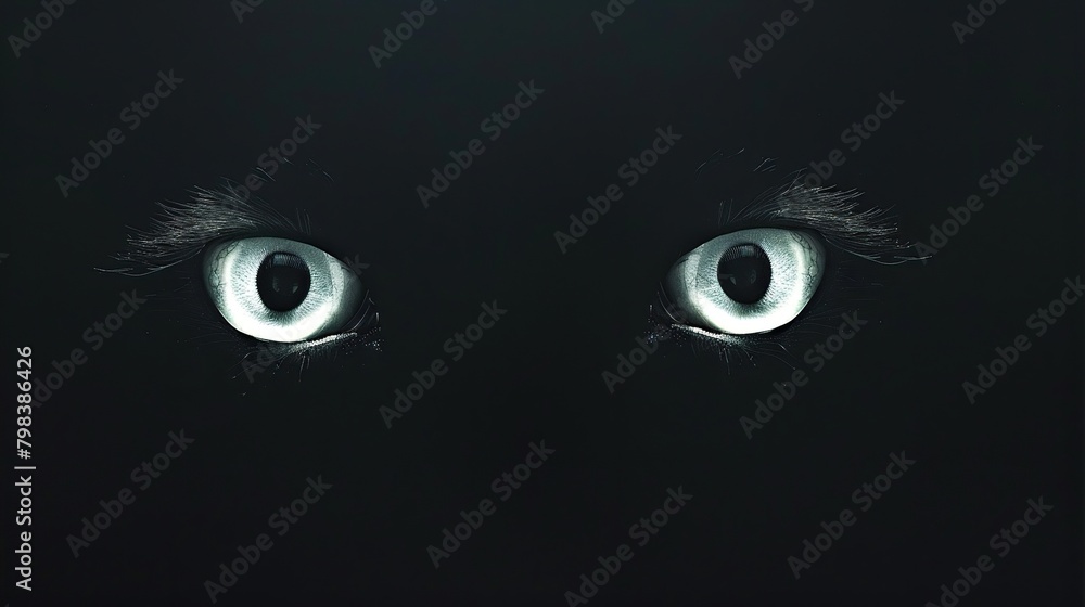 The image is of a dark figure with glowing white eyes. The figure appears to be in a dark room or forest, and its eyes are wide and staring. The image is creepy and unsettling.

