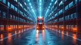 warehouse with rows of shelves filled with boxes, illuminated by blue lights and featuring an electric forklift moving between the meaty pillars.