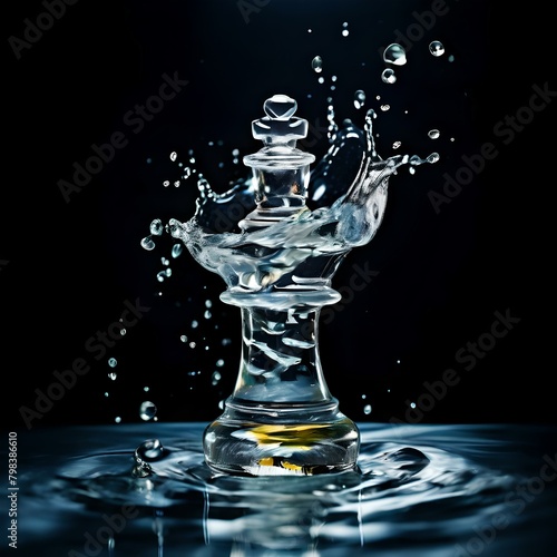 chess glass pieces king in the water splash victory on black background