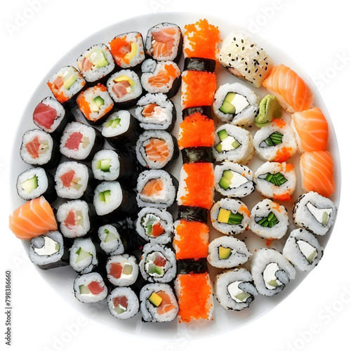  A plate of sushi rolls, neatly arranged and colorful, transparent background, PNG Cutout