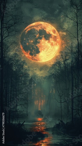 A digital art piece featuring a giant harvest moon casting an eerie glow over a foggy forest path  evoking mystery and wonder.