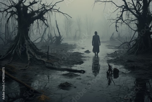 A Solitary Figure Stands Poised Against the Murky Waters of a Misty Swamp, Surrounded by Twisted Trees and the Echoes of Hidden Creatures