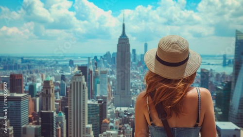 Back view of a woman tourist wearing a straw hat looking at the skyline of the metropolis.
