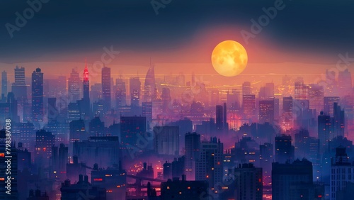 The buildings with red lights and full moon.