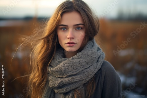 A Serene Portrait of an Elegant Woman Wrapped in a Warm Scarf Standing Before a Vast, Frost-Kissed Field at Dawn's First Light
