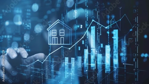 Hand interacts with glowing house icon and rising arrows amidst digital data visualization, representing potential for profitable real estate investments aided by technology.  photo
