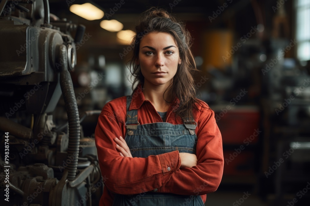 A Radiant Beauty Against the Backdrop of Industrial Charm: A Striking Portrait of a Woman Standing Before a Bustling Machine Shop A Radiant Beauty Against the Backdrop of Industrial Charm: A Striking Portrait of a Woman Standing Before a Bustling Machine Shop