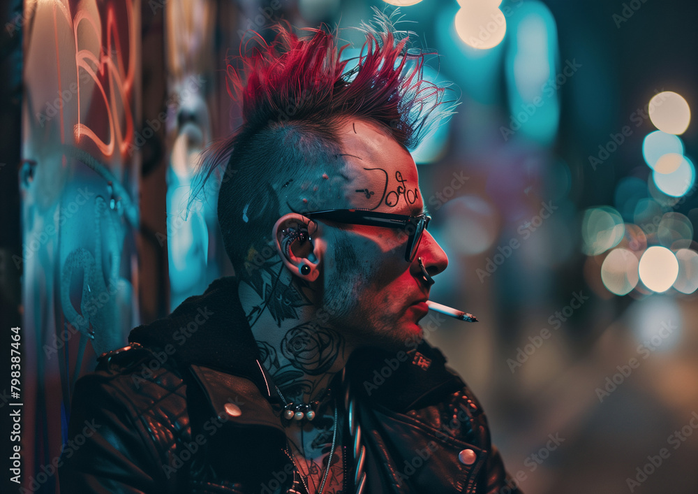 A punk-inspired youth with a mohawk and leather jacket stands before a graffiti-covered wall, exuding a rebellious and edgy urban fashion sense.