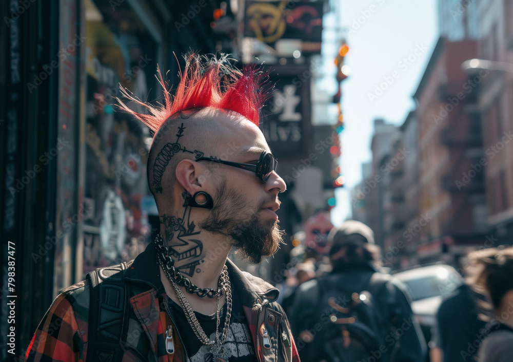 A punk-inspired youth with a mohawk and leather jacket stands before a graffiti-covered wall, exuding a rebellious and edgy urban fashion sense.