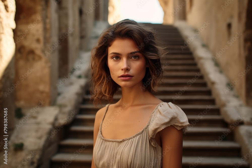 A Vision of Timeless Beauty: An Elegant Woman Captured in a Serene Portrait Against the Majestic Backdrop of an Ancient Archaeological Ruin