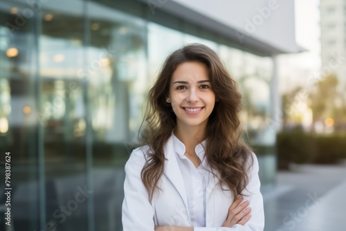 A Visionary Mind at the Forefront of Innovation: A Young Female Scientist Standing Proudly Before the Modern Facade of a Leading Research Center