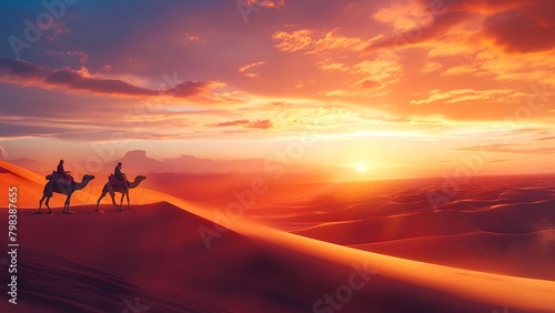 Travelers riding camels across vast dunes at sunset.