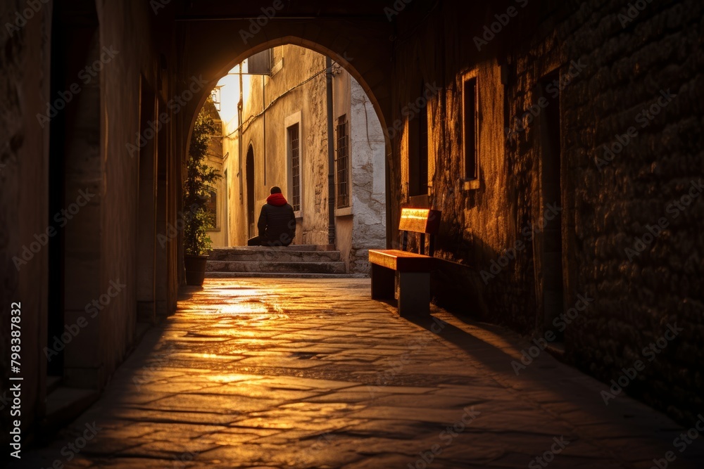 A Solitary Figure Contemplates Life's Journey in a Narrow, Cobblestone Alleyway Bathed in the Warm Glow of Sunset