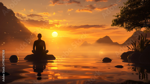 serene and peaceful scene, with the person looking upward or engaged in a prayerful gesture, conveying a sense of spiritual connection photo