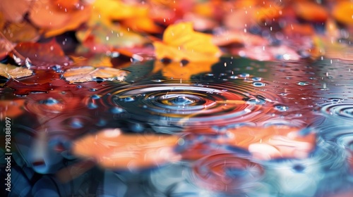 Defocused As raindrops dance on the surface of a puddle the vibrant colors of autumn leaves can be glimpsed through the distorted water speckles adding a whimsical touch to the fall .