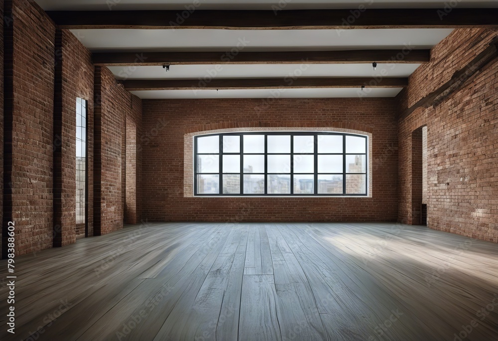 interior big beams white wooden floor window room loft bricks Empty walls interior big beams white wooden floor window room loft bricks Empty walls