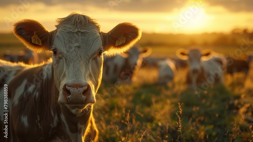 A farm scene during the golden hour, featuring curious cattle.