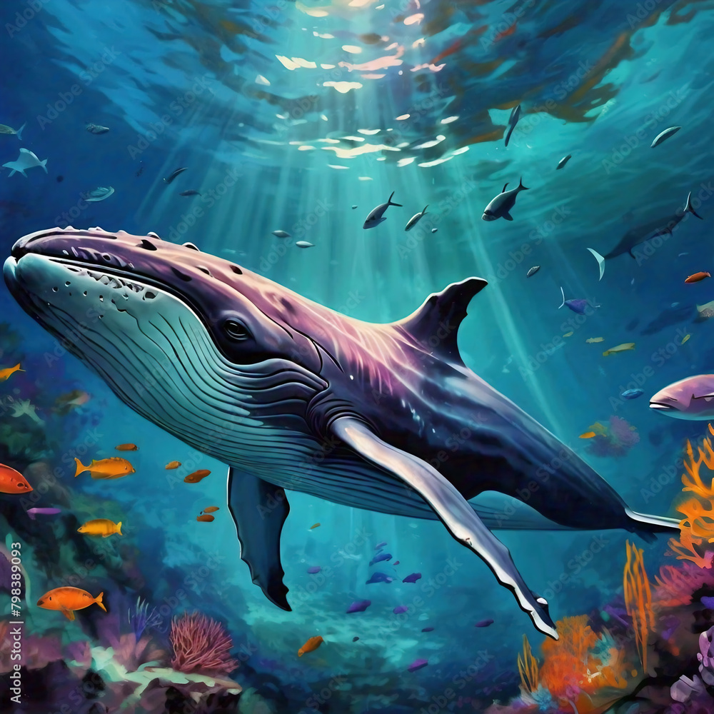 Naklejka premium Illustration of a whale swimming among among colorful marine corals in the sea or ocean