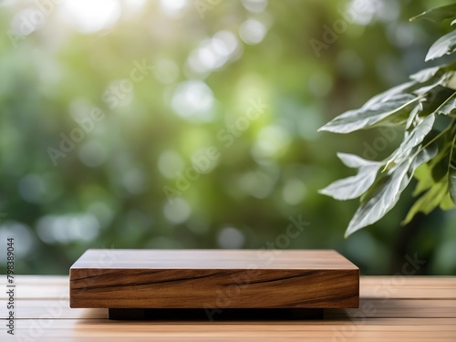 Wooden product display podium with blurred nature leaves, Ai Generative.
