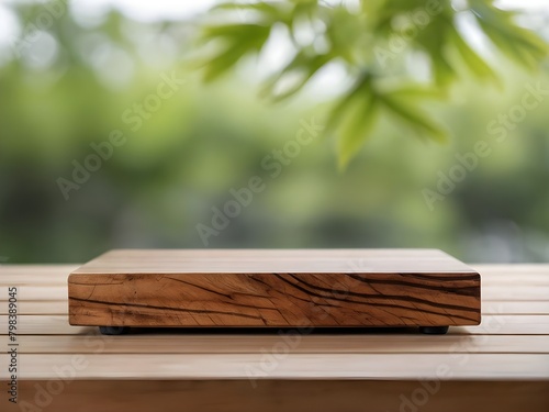 Wooden product display podium with blurred nature leaves, Ai Generative.