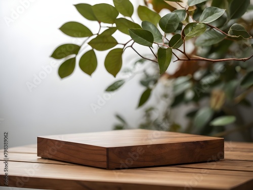 Wooden product display podium with blurred nature leaves and white background. Ai Generative.