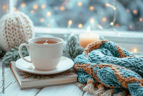 Christmas background. A cup of tea  books  a candle and a knitted scarf on the window background