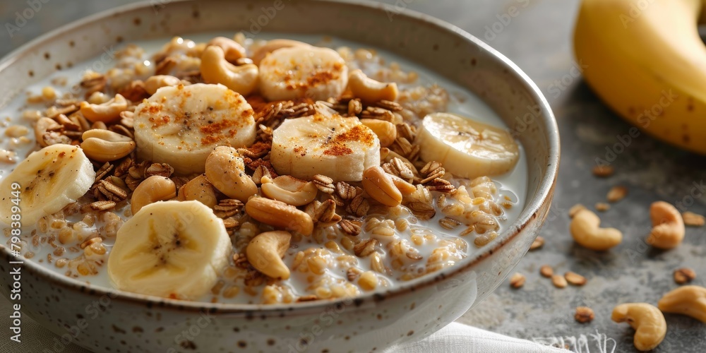 a breakfast bowl featuring rye flakes cooked in milk, topped with cashew nuts, banana, and pear a breakfast bowl featuring rye flakes cooked in milk, topped with cashew nuts, banana, and pear