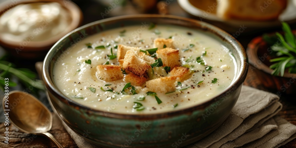 a creamy zucchini soup topped with mozzarella and served with croutons