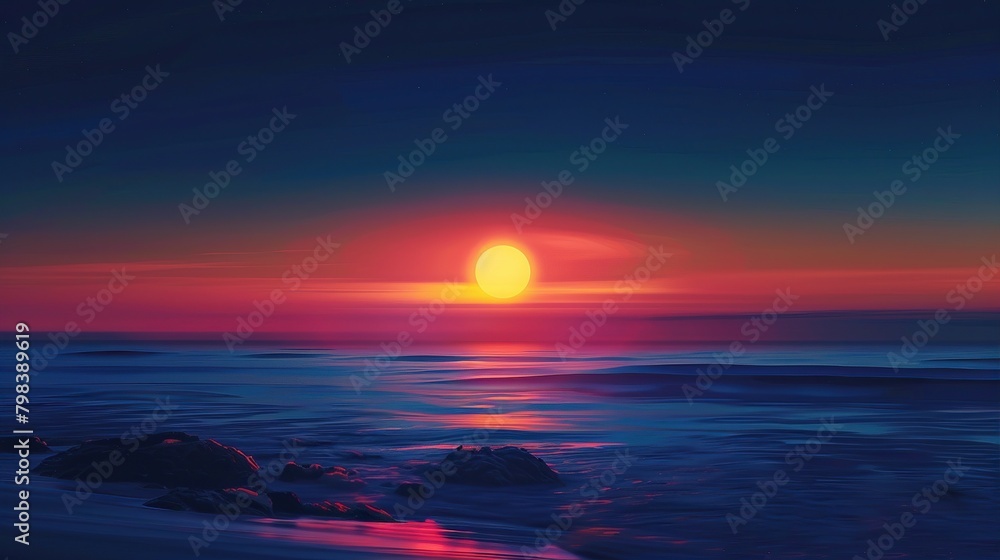 The image shows a sunset over the ocean. The sky is a gradient of purple, pink, and yellow, and the sun is a bright yellow orb. The ocean is a dark blue and is rippling in the waves