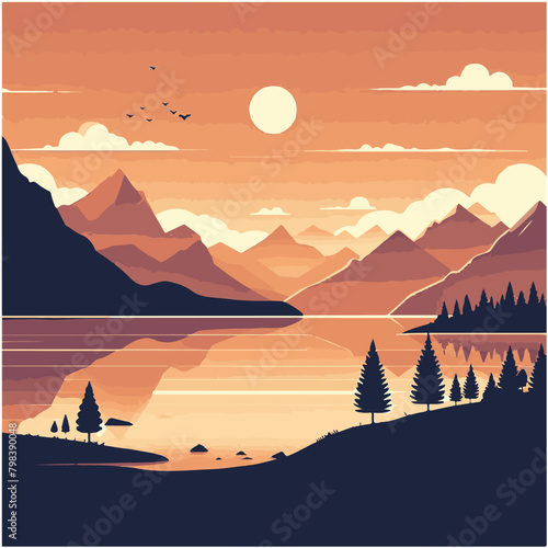 Mountain forest sunse with rivert. Vector nature landscape