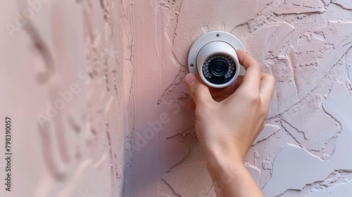 Hand installing security camera on bright exterior wall.