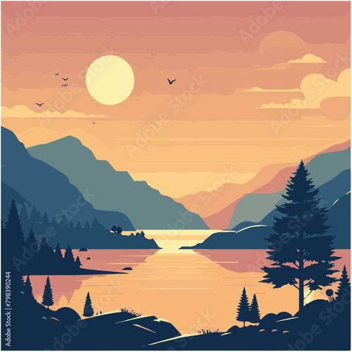 Mountain forest sunse with rivert. Vector nature landscape photo