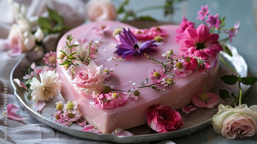 Heart shaped pink cake adorned with delicate flowers Heart shaped pink cake adorned with delicate flowers