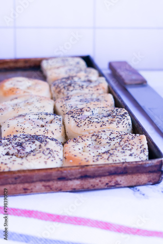 Traditional jewish Pletzalej bread . Rustic concept. Close up