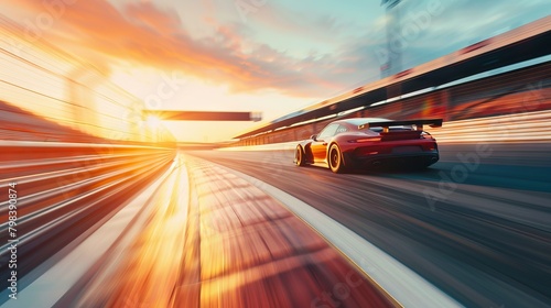 Racing car speeding on a track at sunset with blurred background.