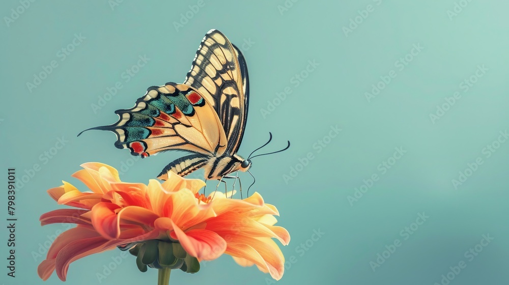 Fototapeta premium An elegant of a butterfly perched on a vibrant flower, set against a solid pastel blue background, highlighting delicate artistry