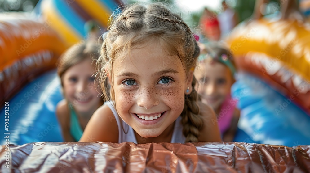 Happy group of kids on the inflatable bounce house on sunny summer day