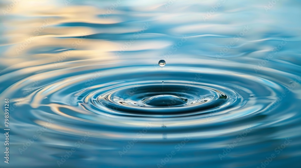Ripple effects on a clear blue pond from a single droplet, expanding circles interacting with gentle morning light, mesmerizing and subtle Ripple effects on a clear blue pond from a single droplet, expanding circles interacting with gentle morning light, mesmerizing and subtle
